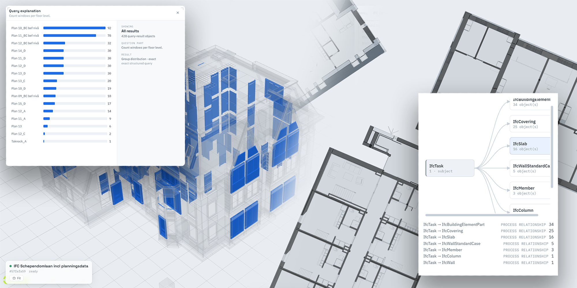 The BIMtrieval viewer showing a semi-transparent 3D building model with door objects highlighted in blue, beside a chat panel answering a question about how many doors are in the model.