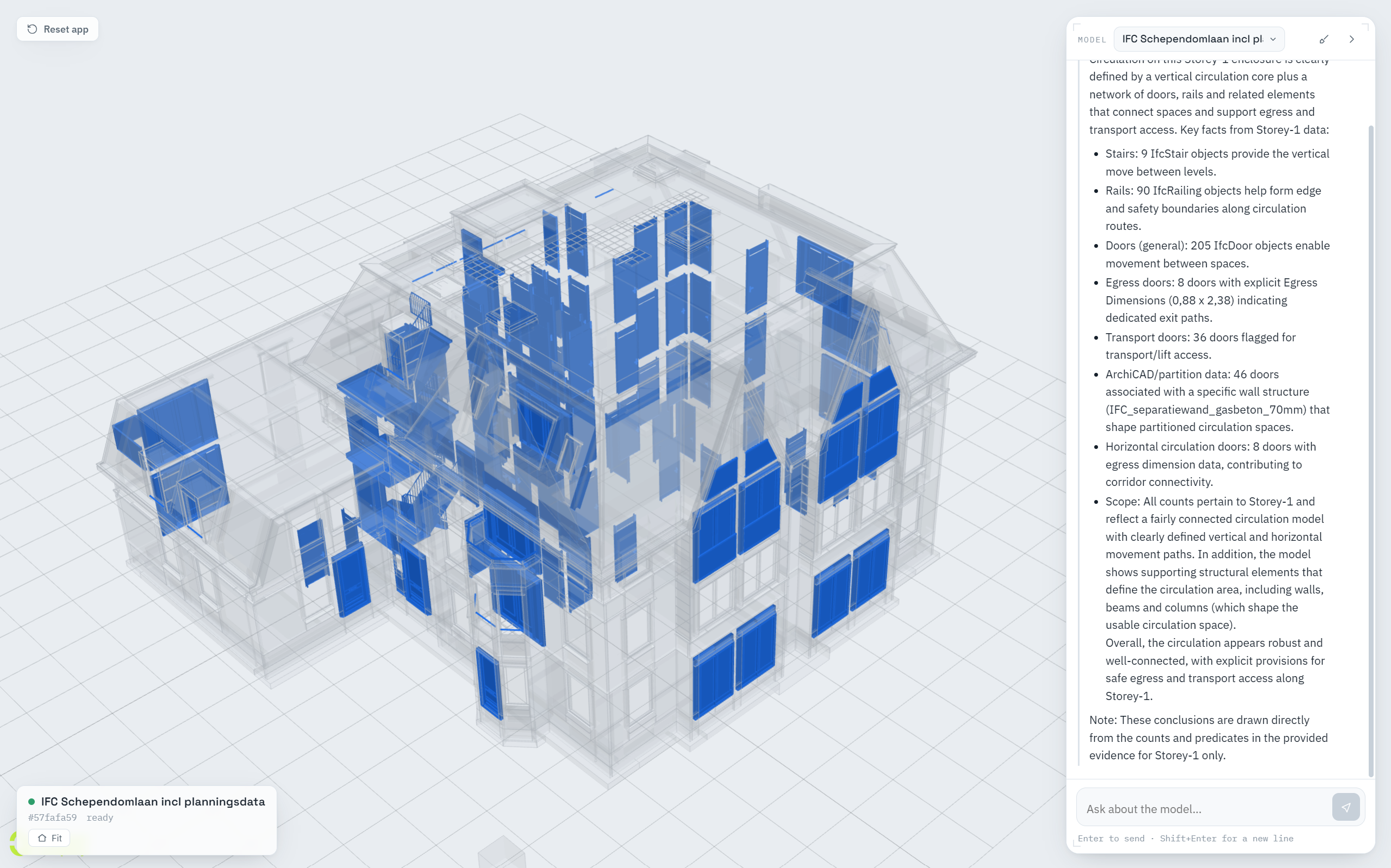 A viewer showing every window and door in the model highlighted in blue at once, beside a long evidence-based chat answer listing the door, stair, and railing counts behind it.