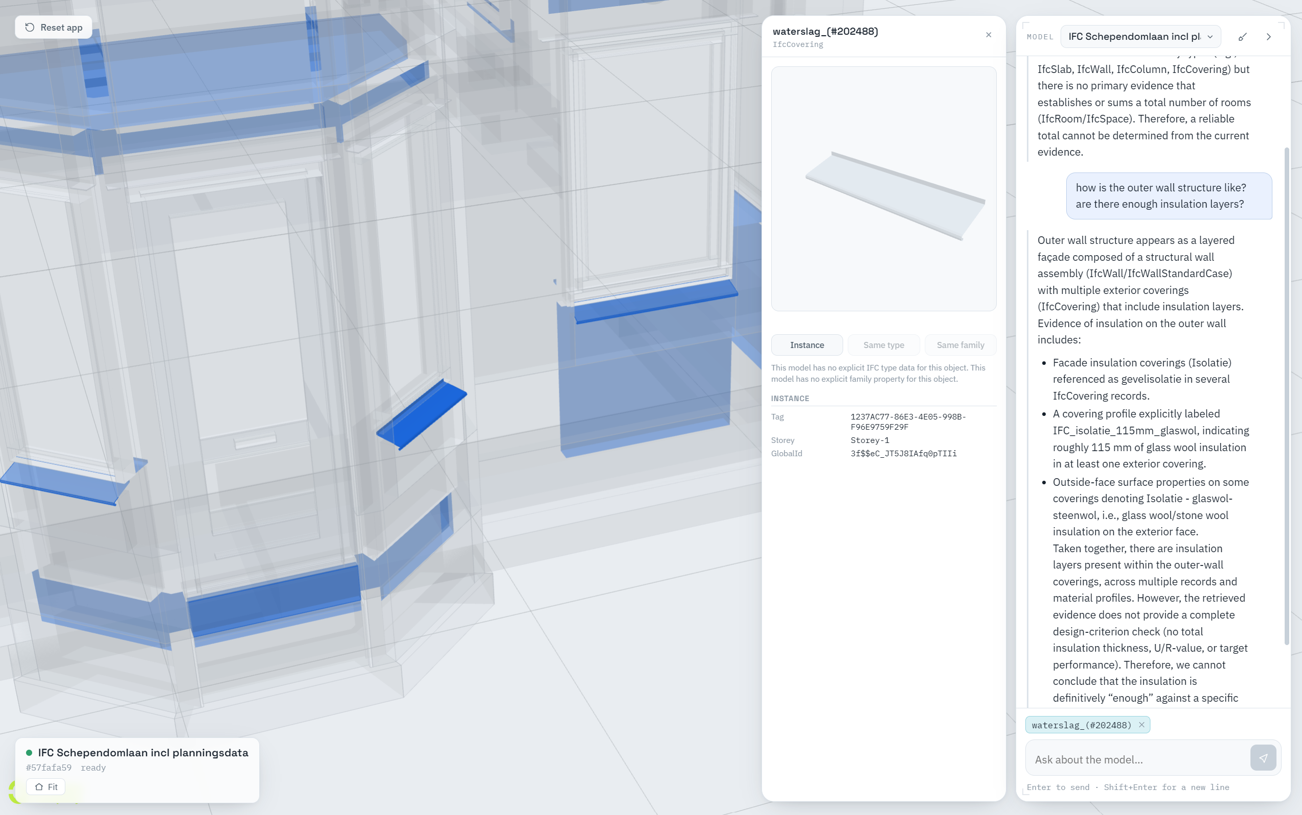 A waterslag sill selected in the viewer with every matching waterslag element highlighted in blue, its component card showing the isolated sill preview and an IfcCovering detail list, and Same type and Same family disabled because the model carries no IFC type data for the object.