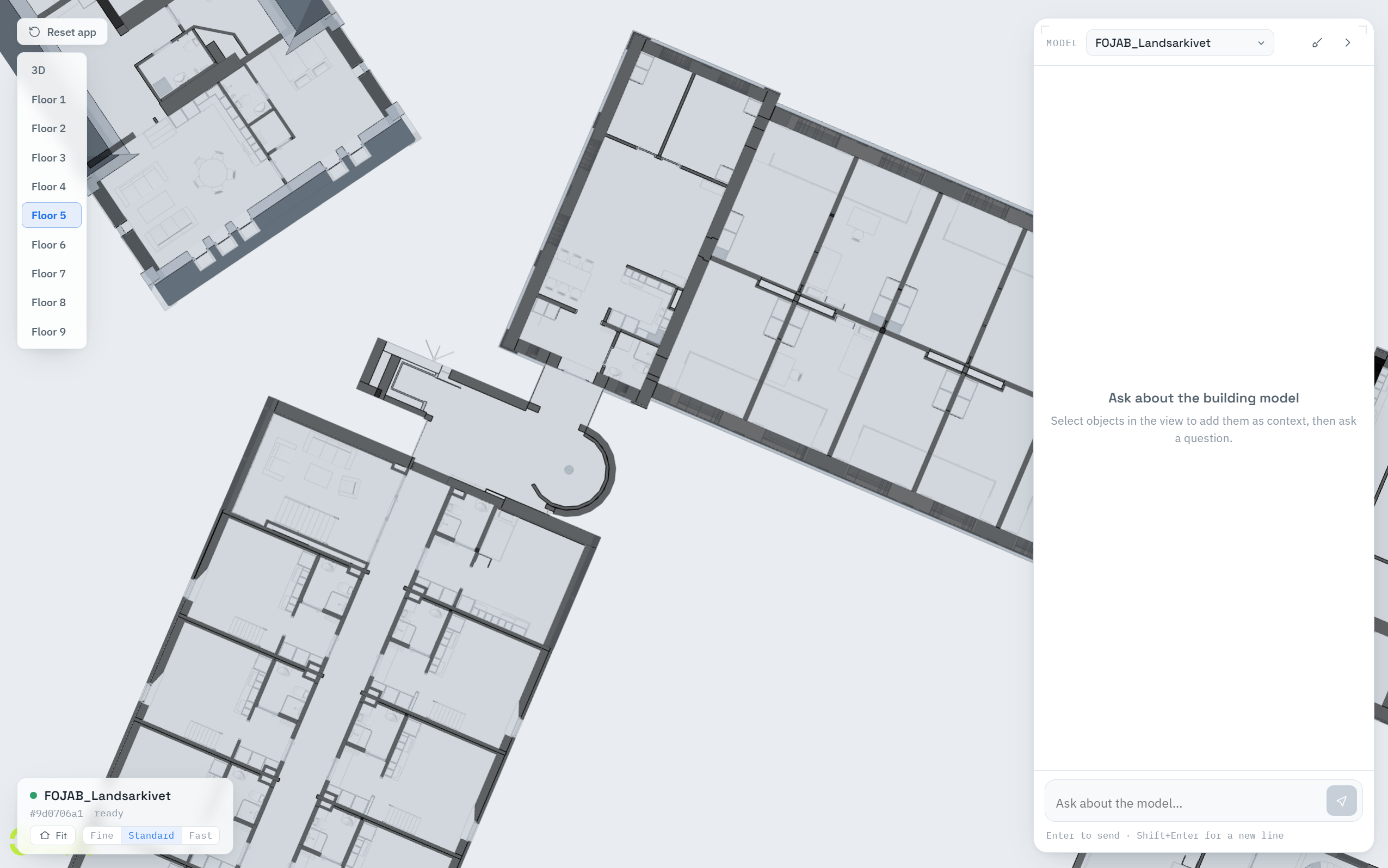 Floor-plan mode on a 45-storey file: a vertical control at the left listing 3D and Floor 1 to Floor 9 with Floor 5 selected, and a top-down orthographic plan of that floor with walls cut and furniture visible.