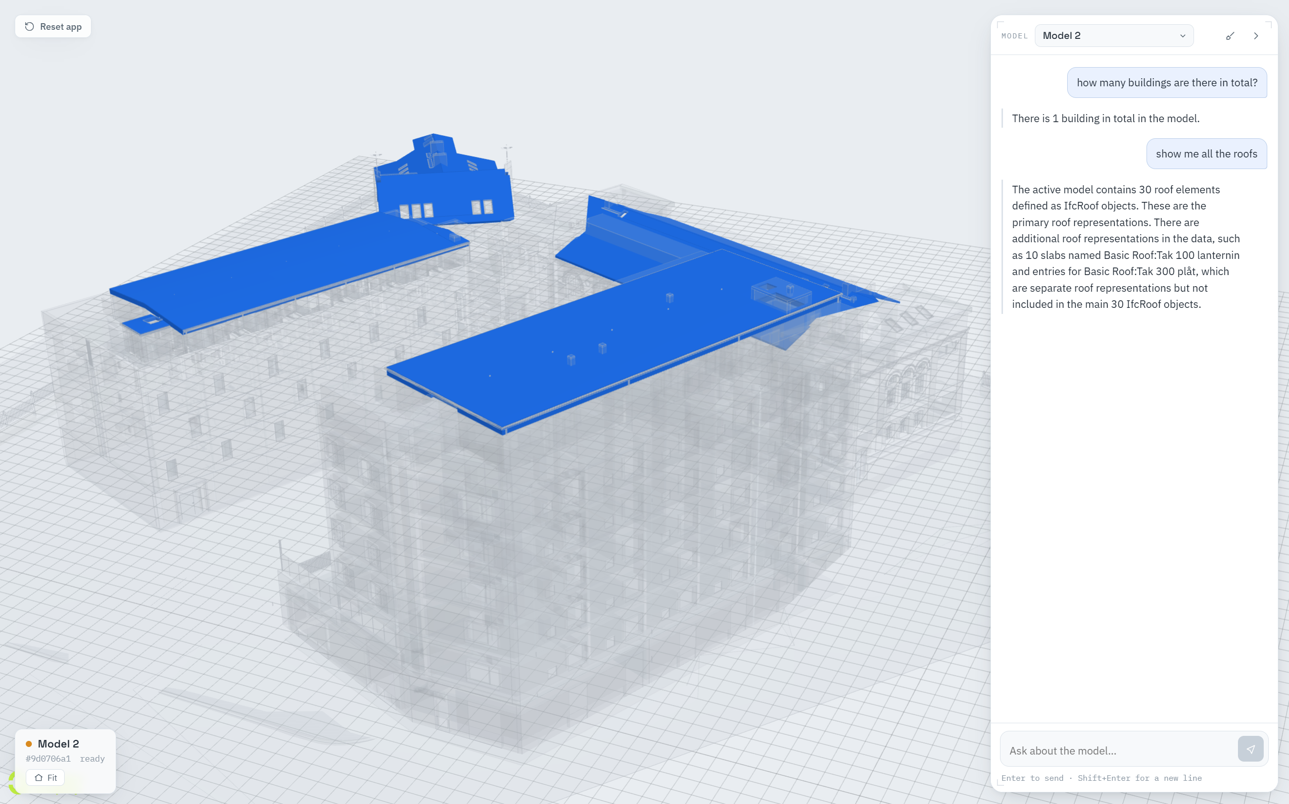 The viewer isolating roof elements of a building model, with other geometry dimmed.
