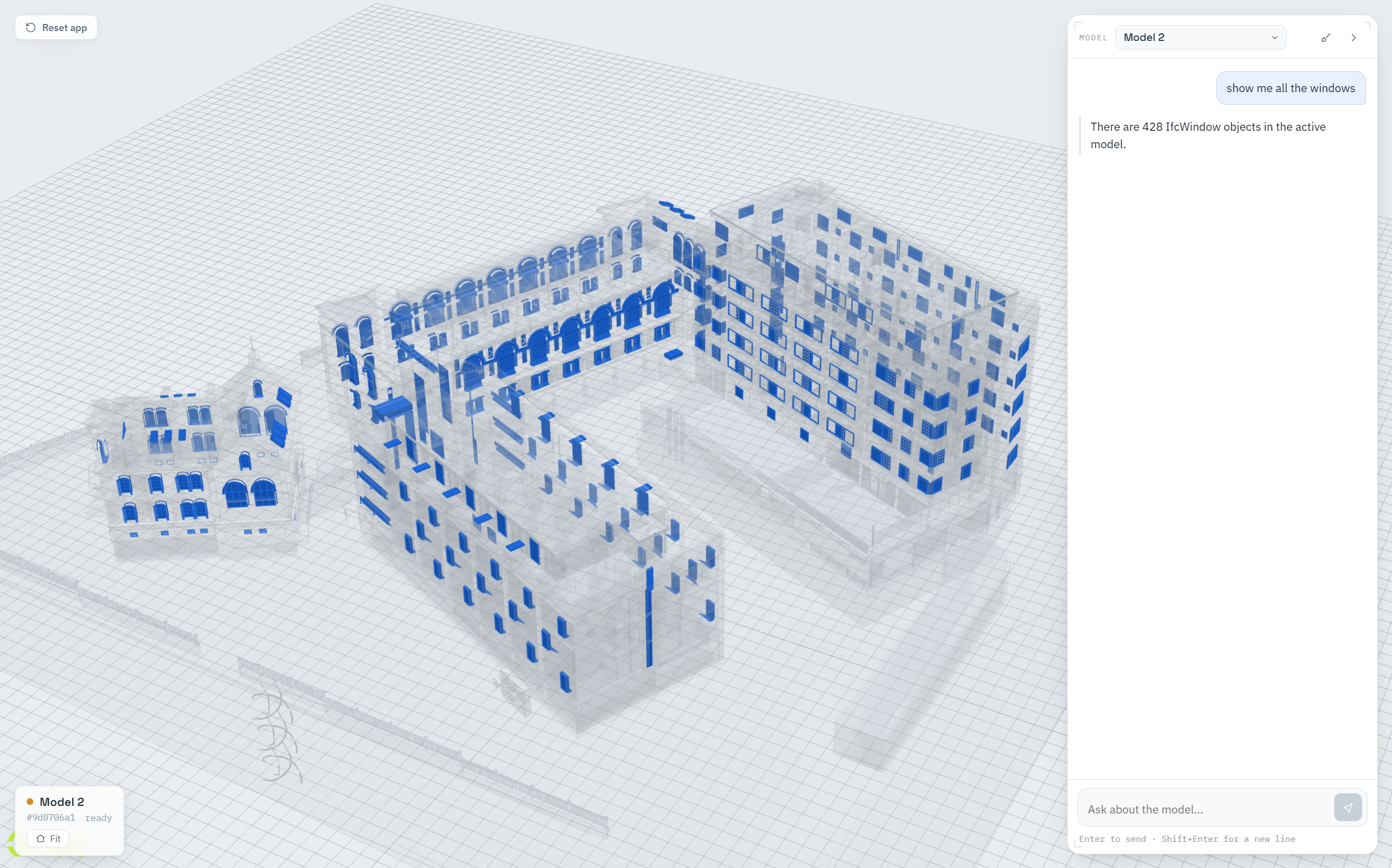 The viewer highlighting all window objects in a building model in blue, with a chat answer giving the exact window count.