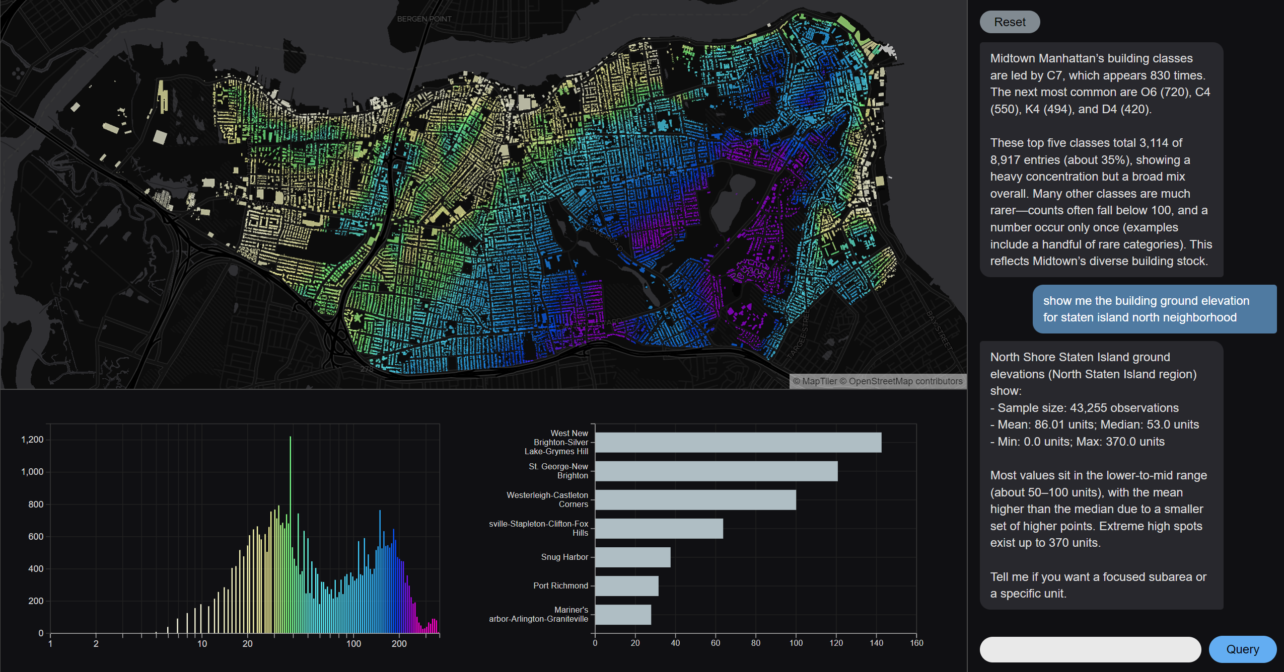GeoEstateChat interface showing a chat query beside a choropleth map of NYC results.