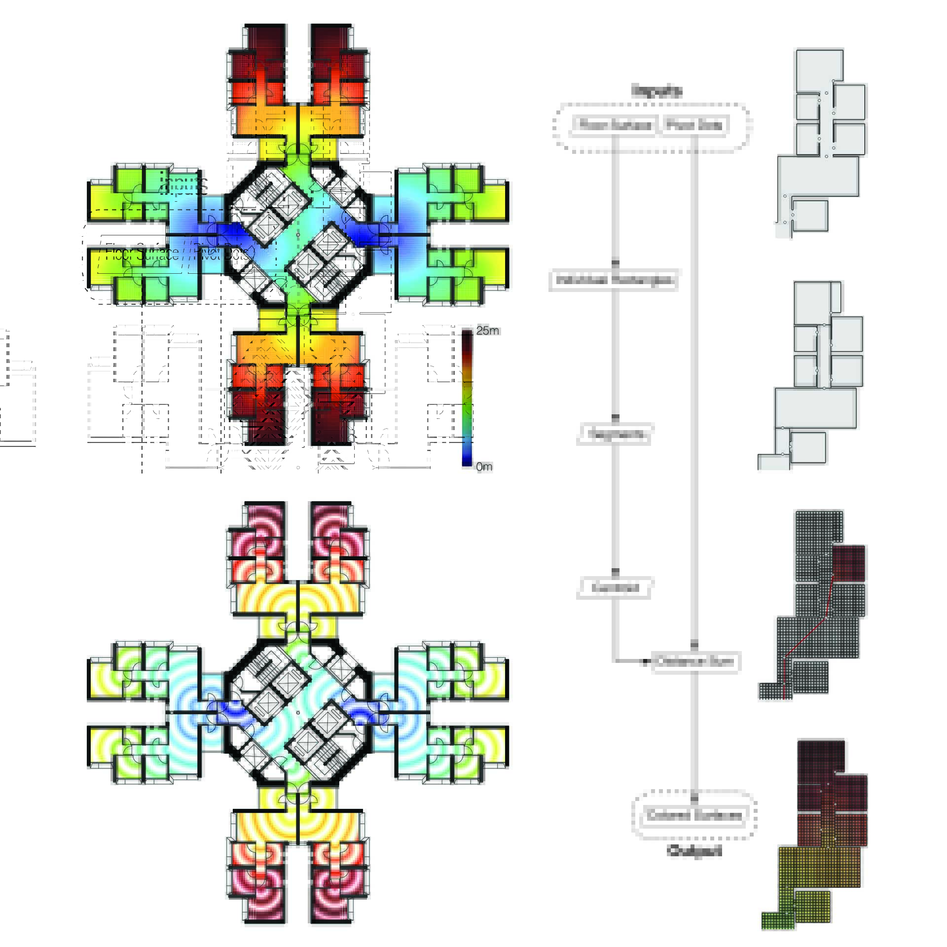 Egress travel-distance analysis mapped across the cruciform floor plan.