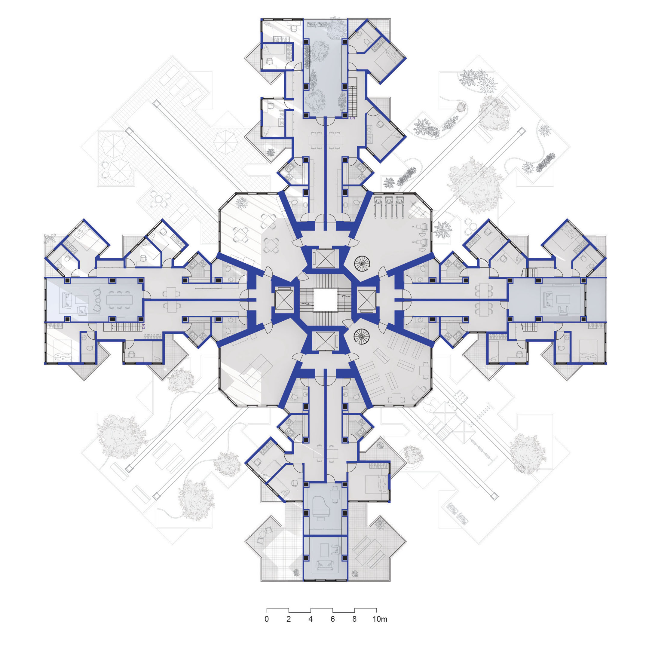 New plan arrangement attaching unit clusters to the central core.