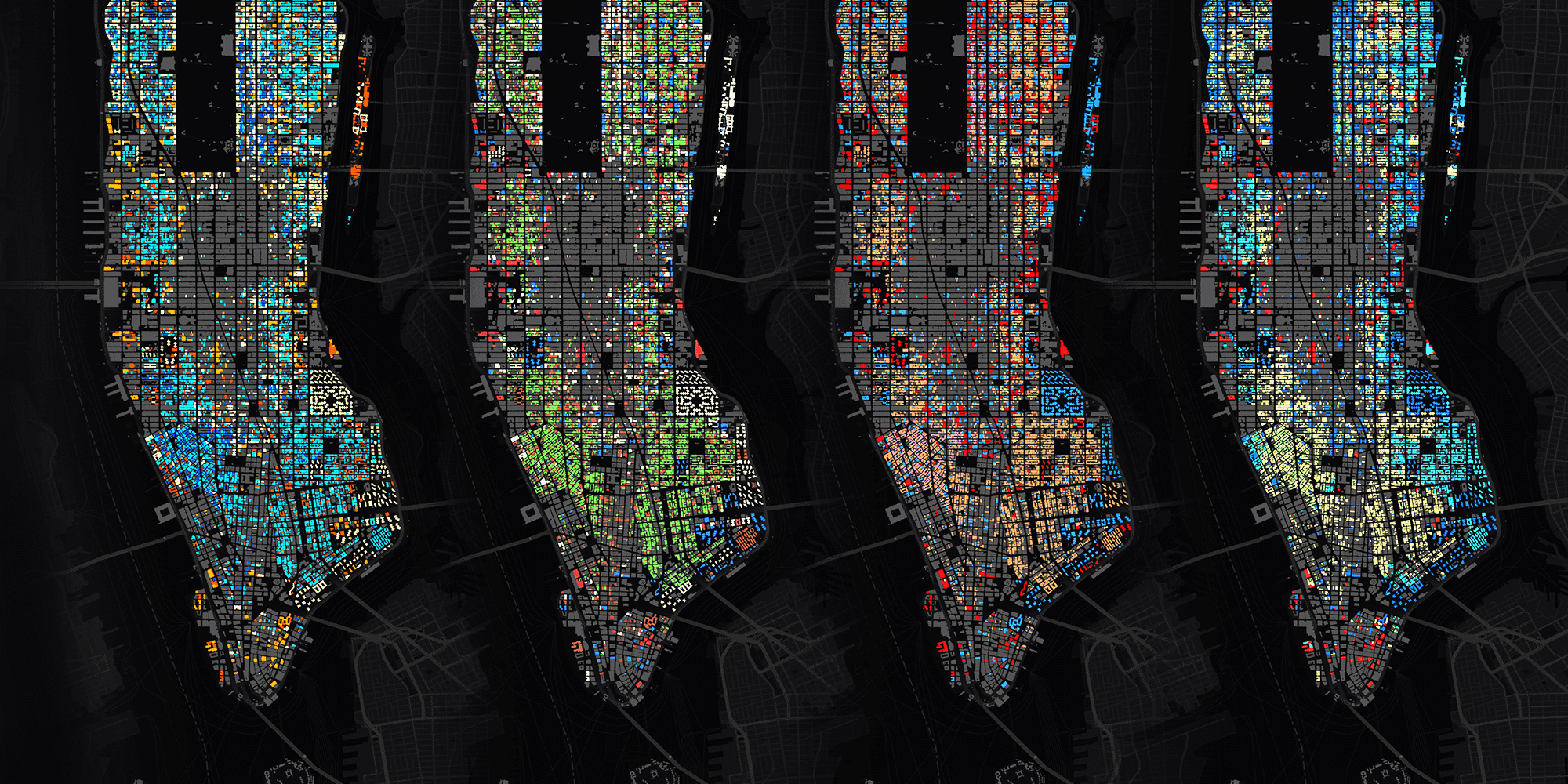 Manhattan residential buildings grouped into color-coded clusters