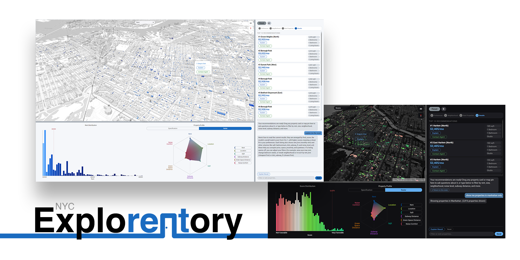 Explorentory rental discovery platform with map and trade-off controls
