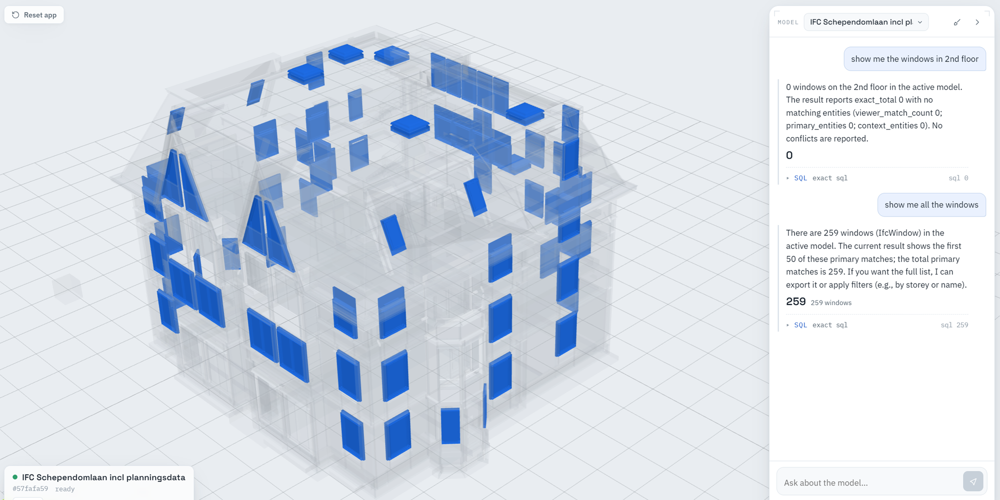 BIM RAG interface showing a 3D building model with highlighted query results