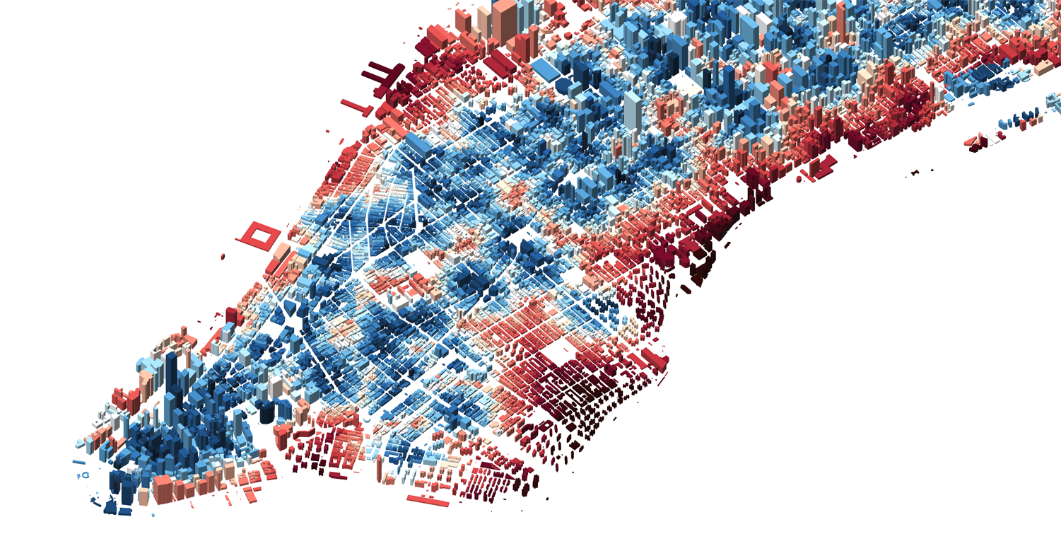 Manhattan map colored by walking time to the nearest subway station