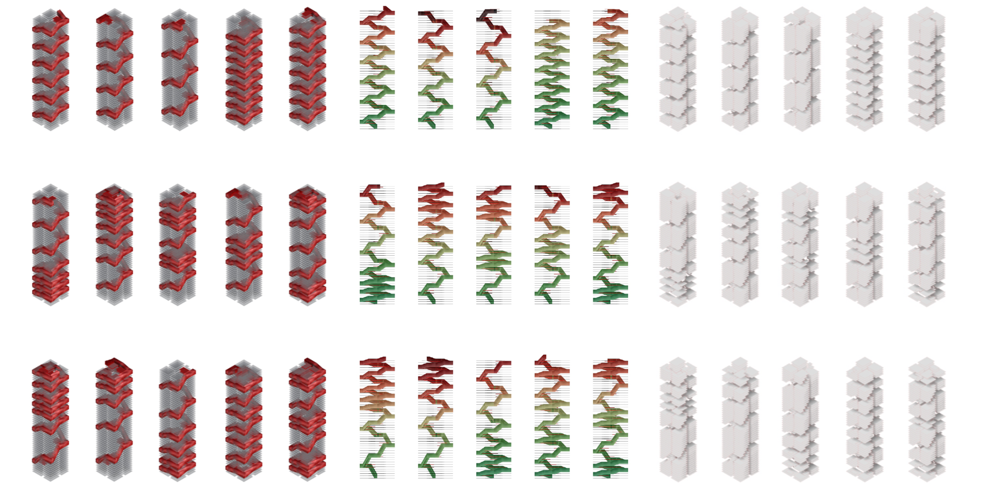 Spiral Dwelling generative massing iterations for a podium tower