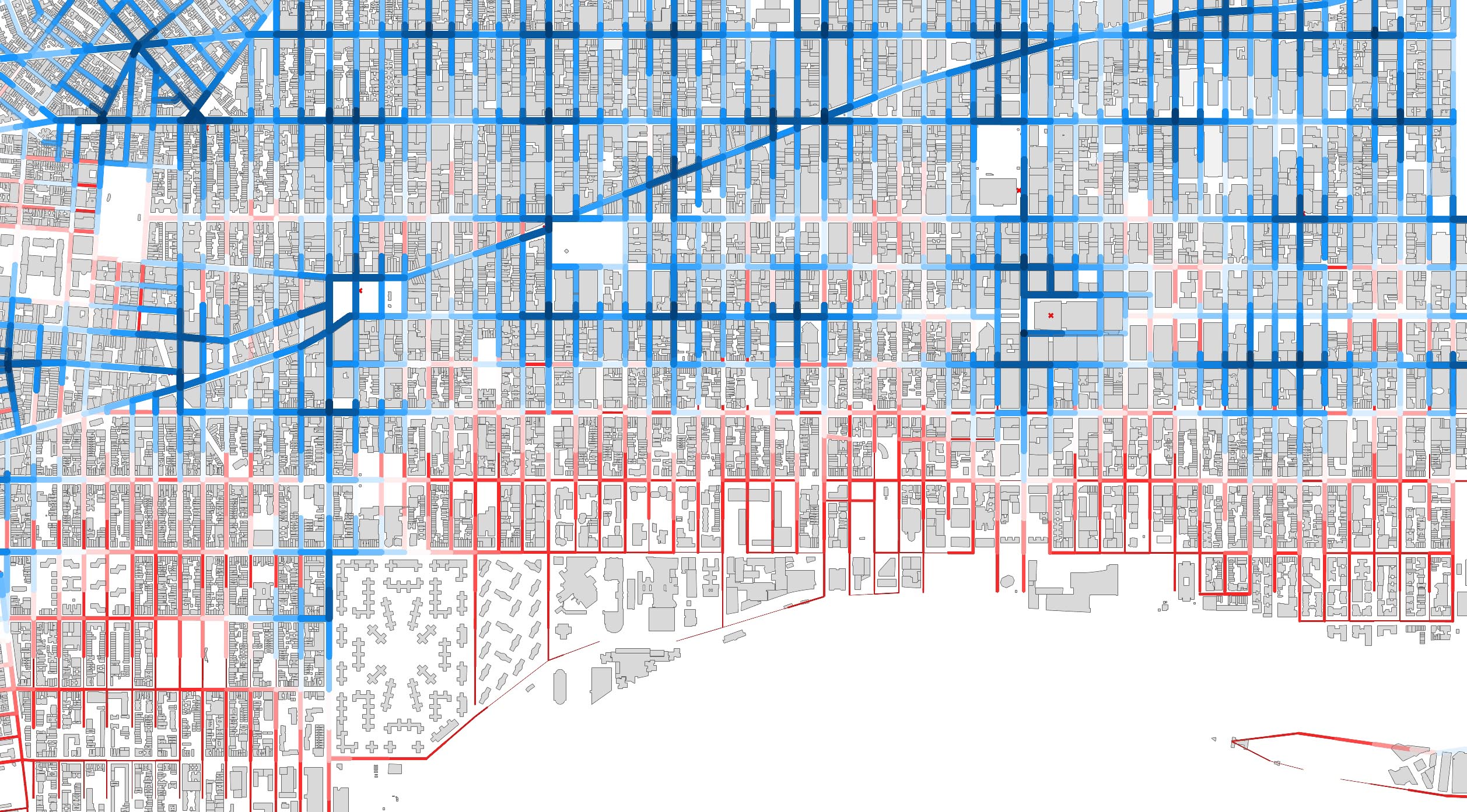 Manhattan map colored by walking time from each building to its nearest subway station.