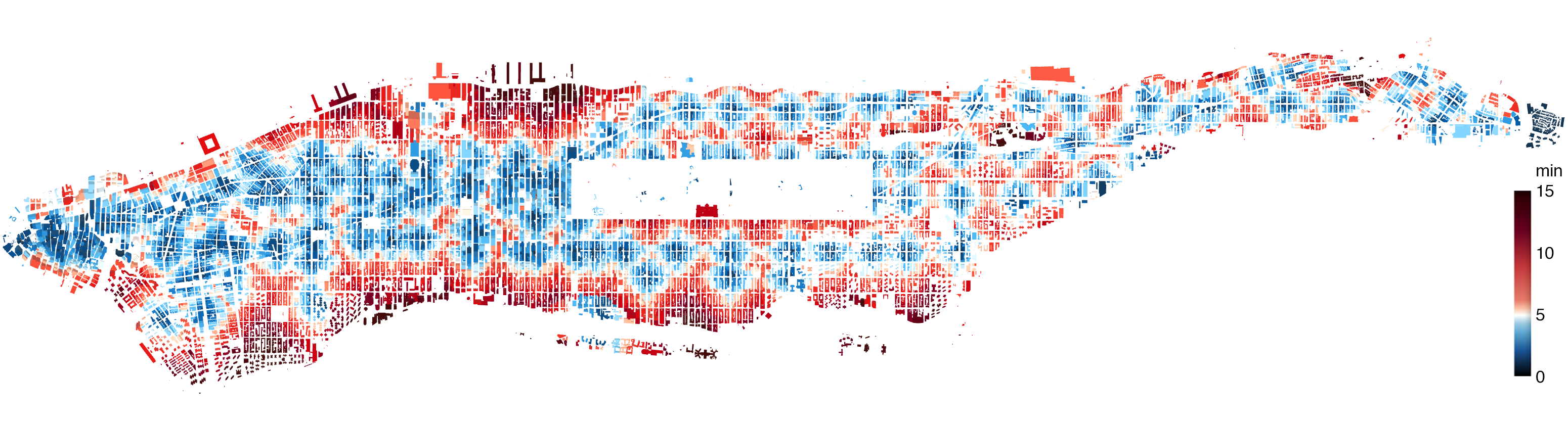 Full Manhattan plan colored by walking time to the nearest station.