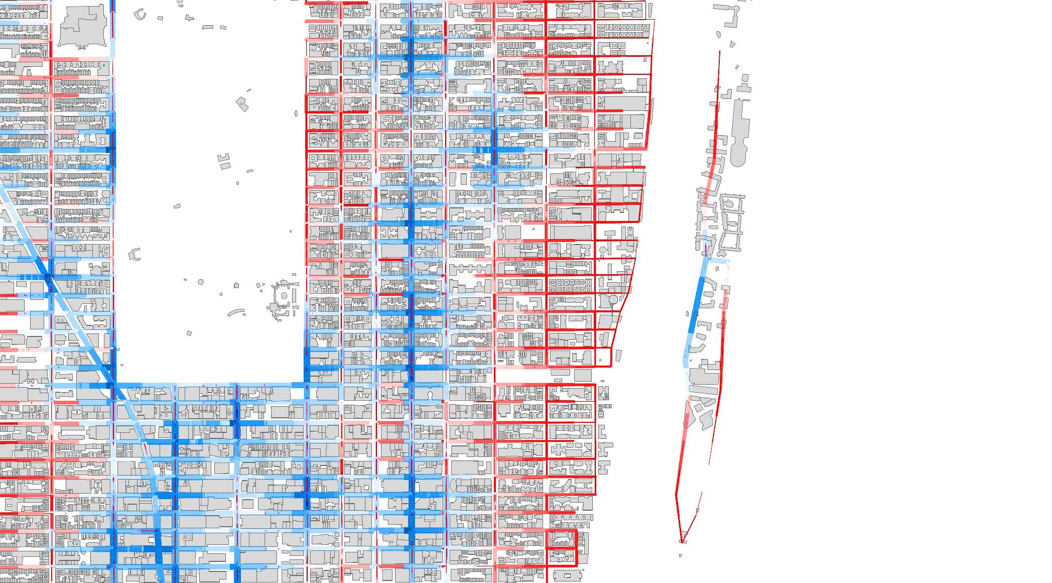 Buildings colored by distance to nearest station.