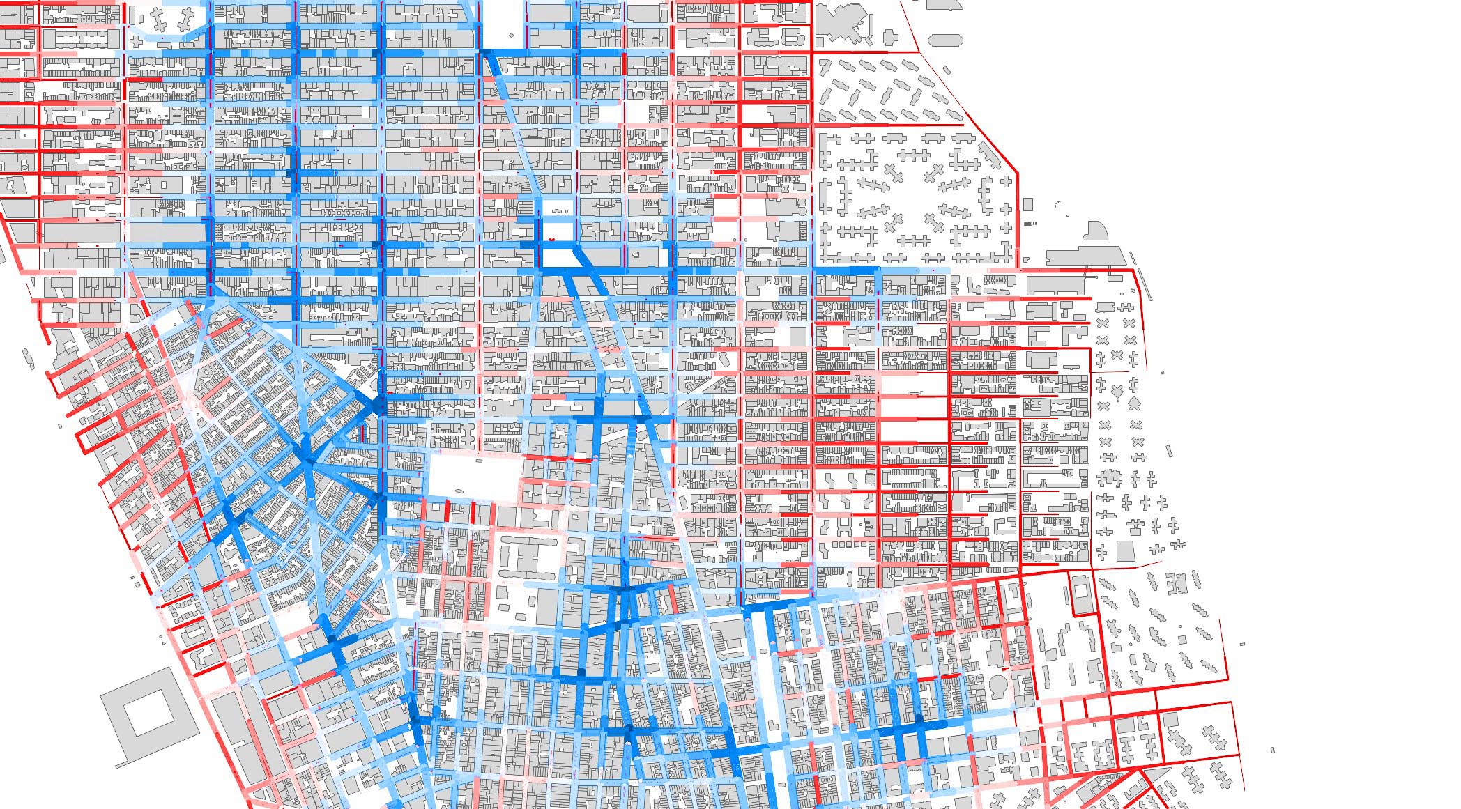 Streets colored by flow intensity.