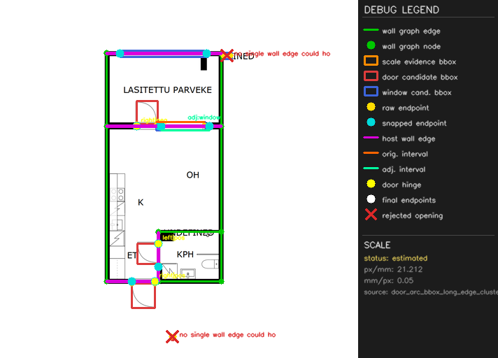 Debug overlay showing door and window primitives in context