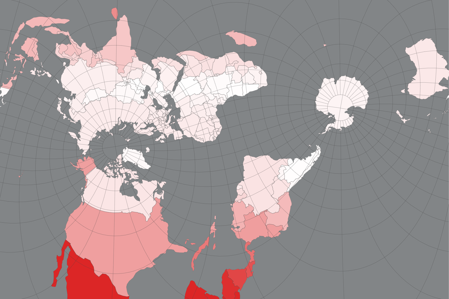 Mercator projection with redefined north pole showing size distortion