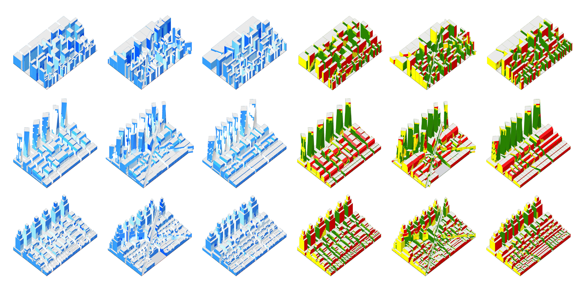 Parametrically generated city model with varied block and building forms.