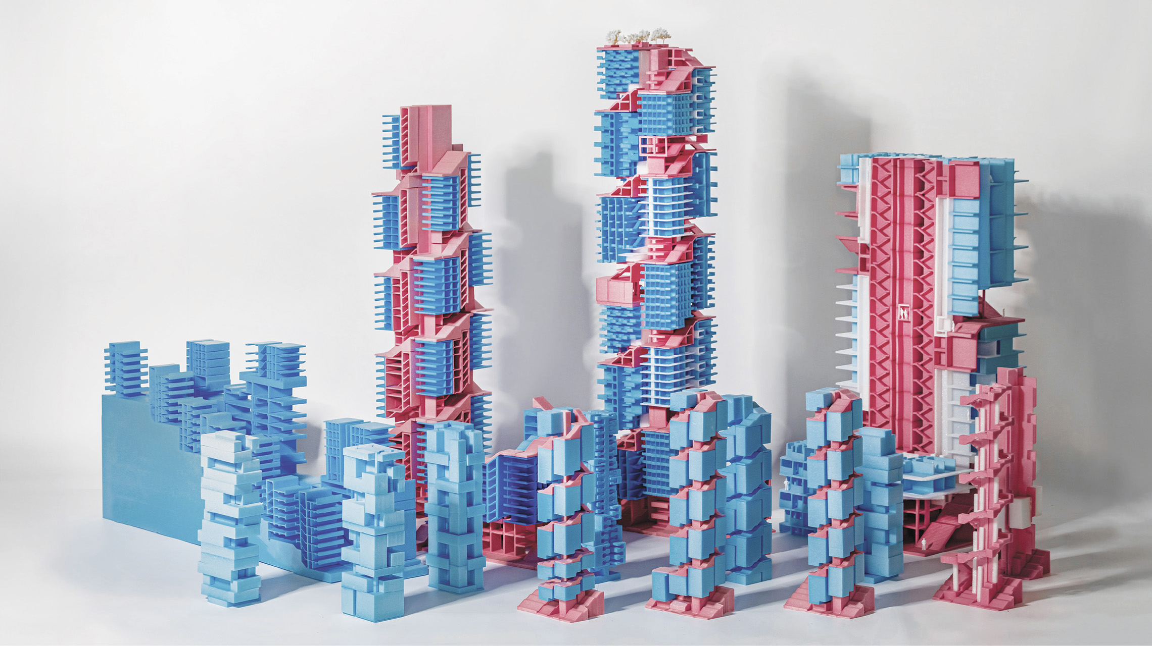 Rendering of the Spiral Dwelling tower, with stacked Tong Lau blocks winding around a central core.