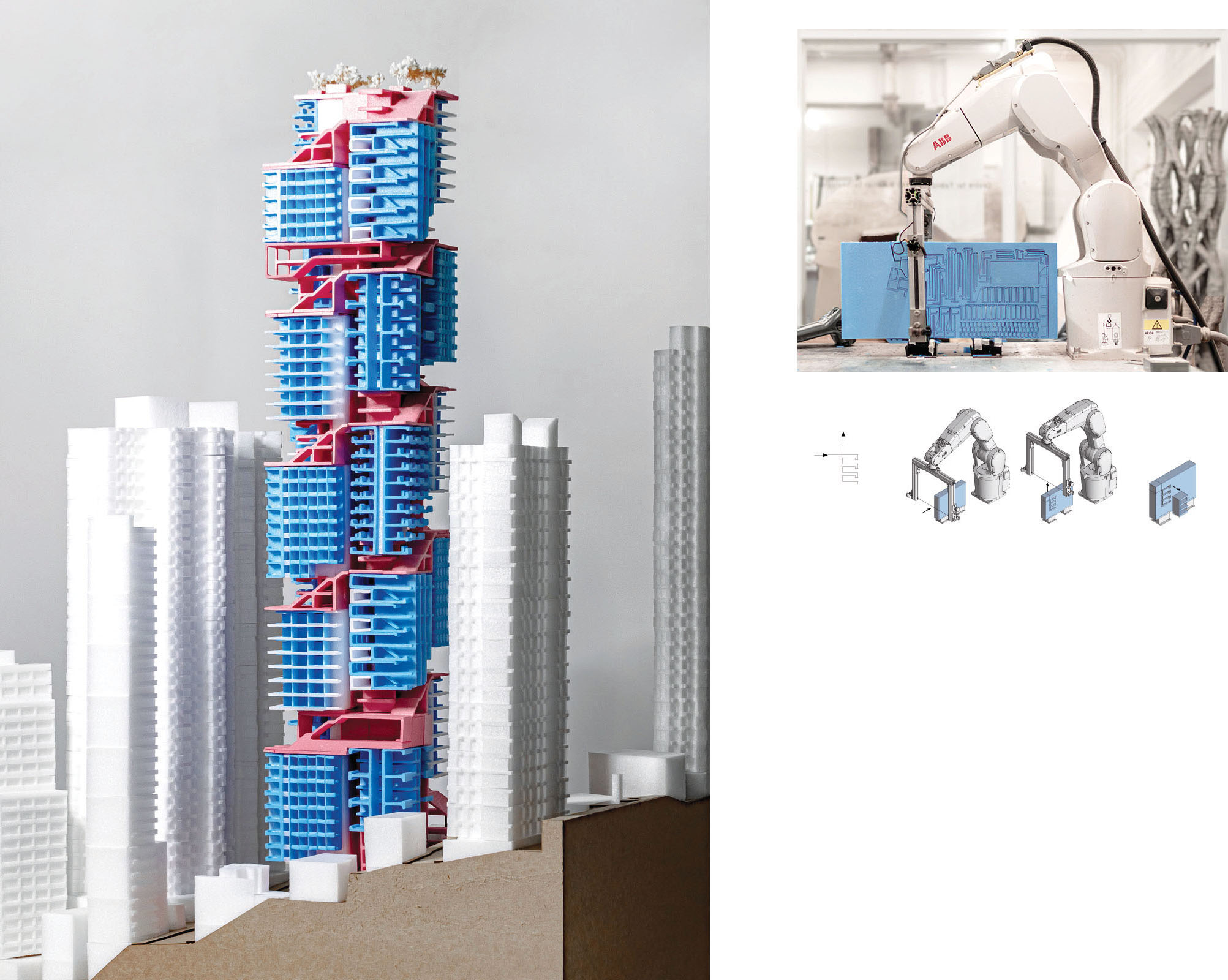 Robotic hot-wire cutting of foam massing models.