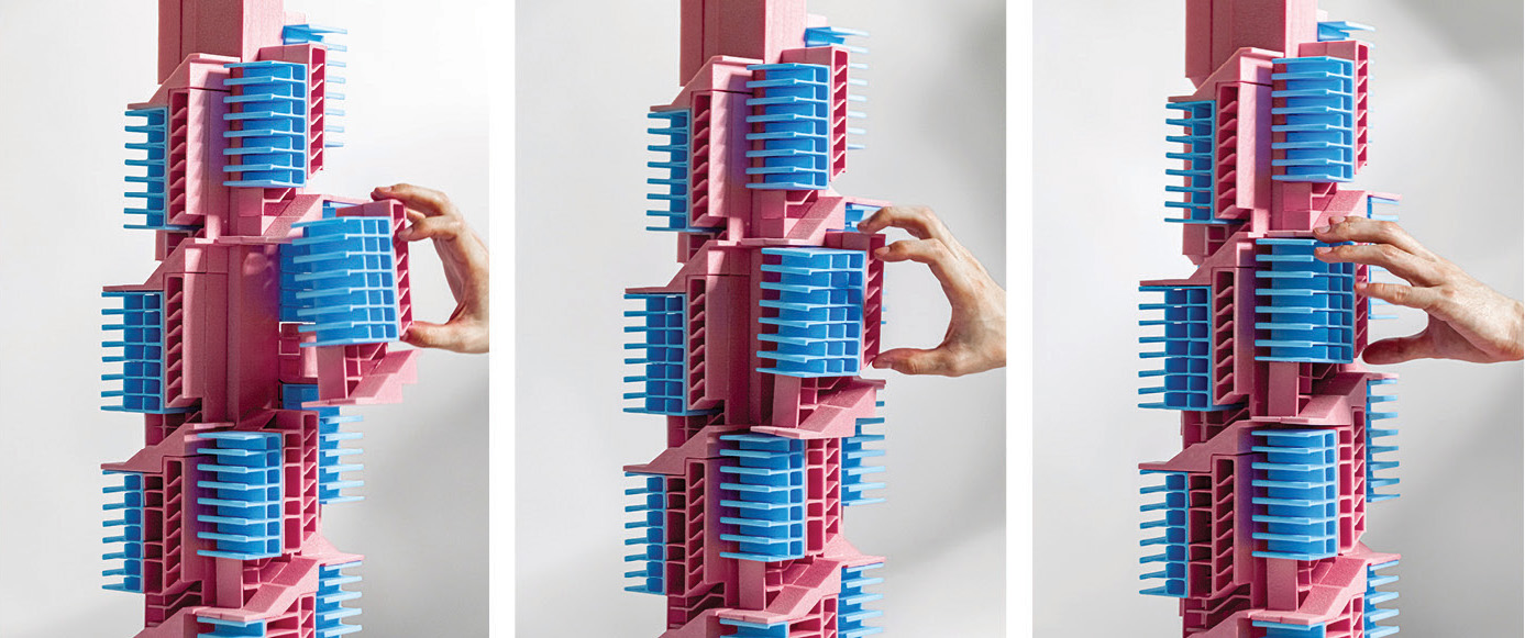 Tong Lau blocks stacked into a spiral around a central core.
