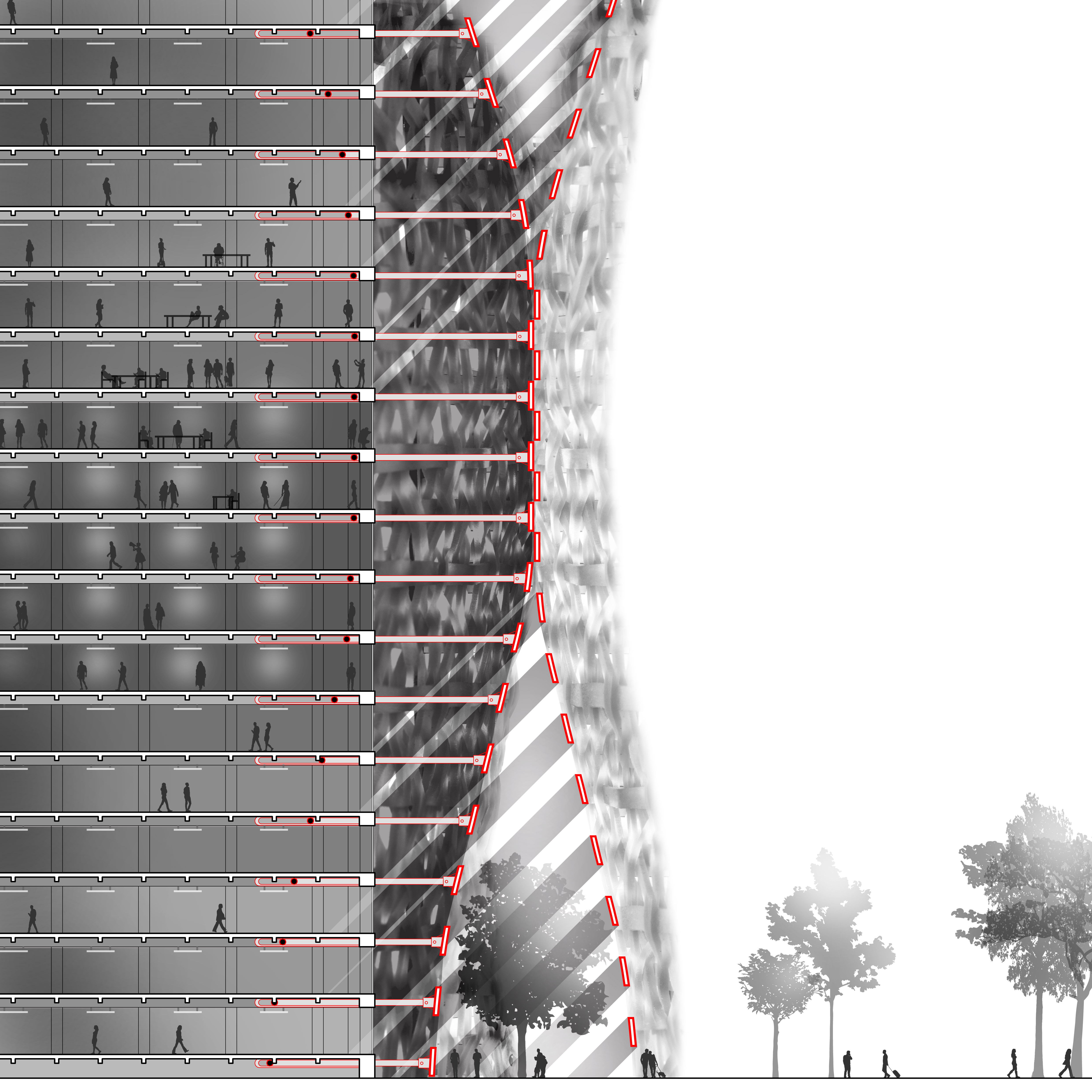 Elevation — facade section showing fin rotation and interior light